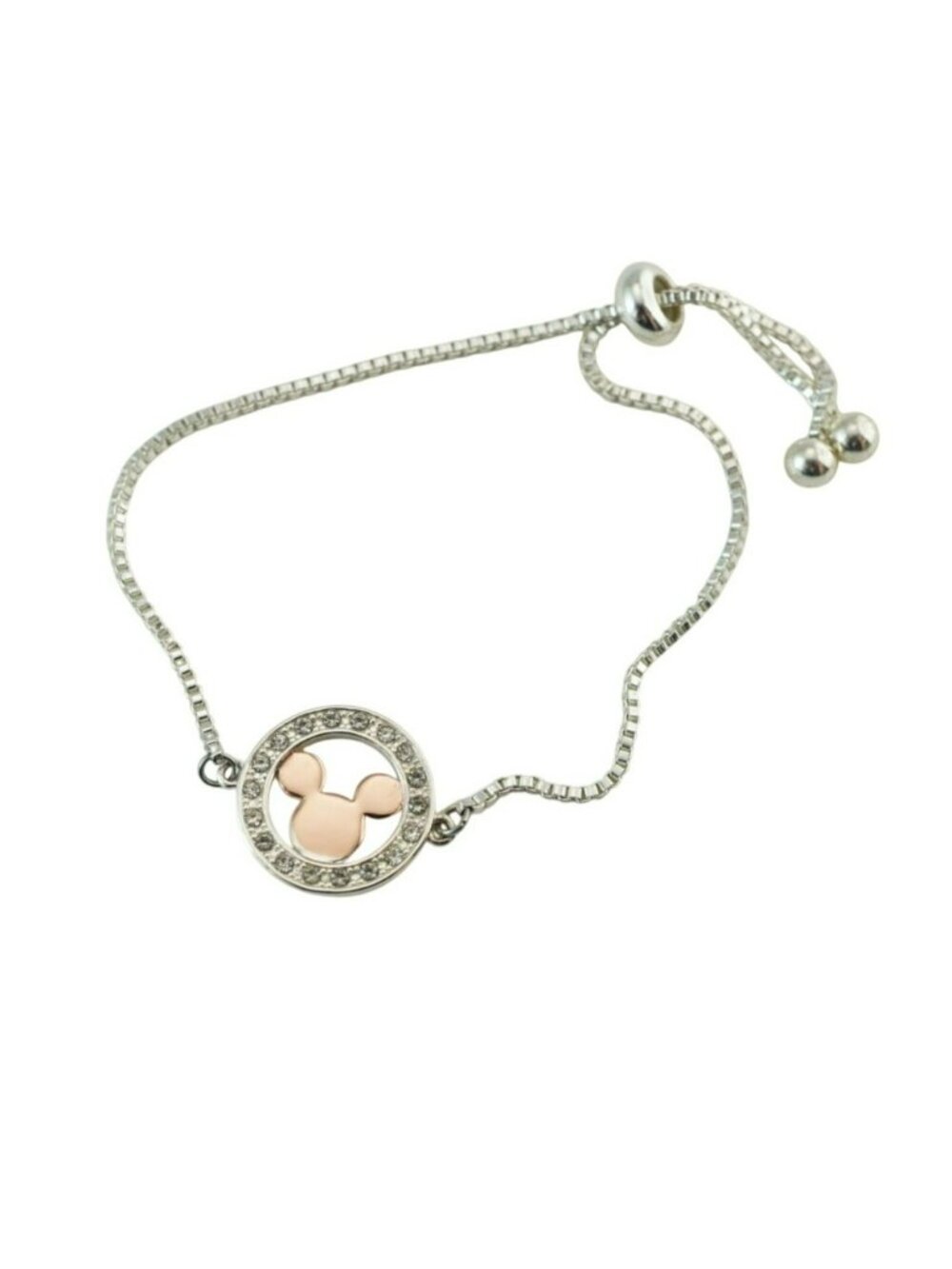 Disney Mickey Mouse Fine Silver 14K Rose Gold Plated Crystal Adjustable Bracelet - Picture 2 of 6